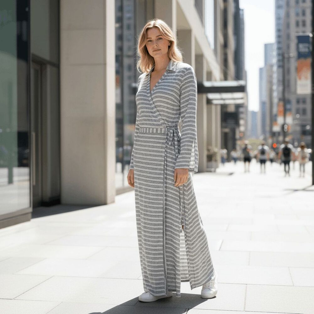 Mare di Latte Cotton Maxi Wrap Dress Black and White‎ Striped Side Tie Size S/M